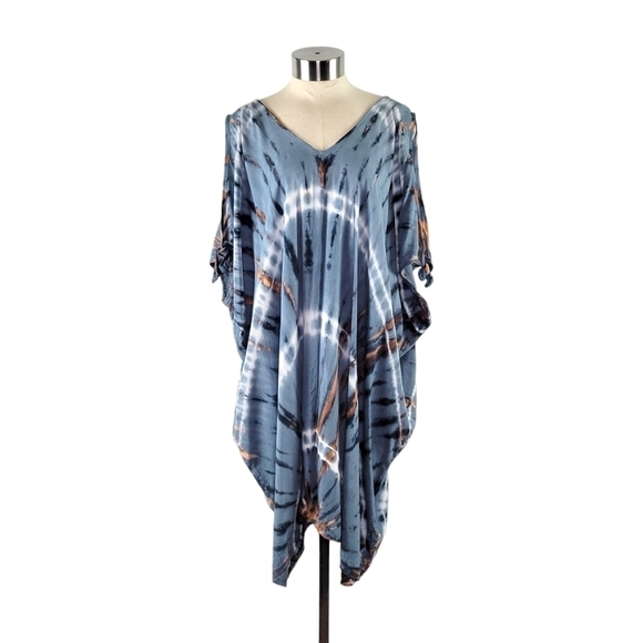 Suzie Blue Hippie Tie Dye Tie-Shoulder Kaftan Poncho Cover-Up Women's One Size - Picture 3 of 9